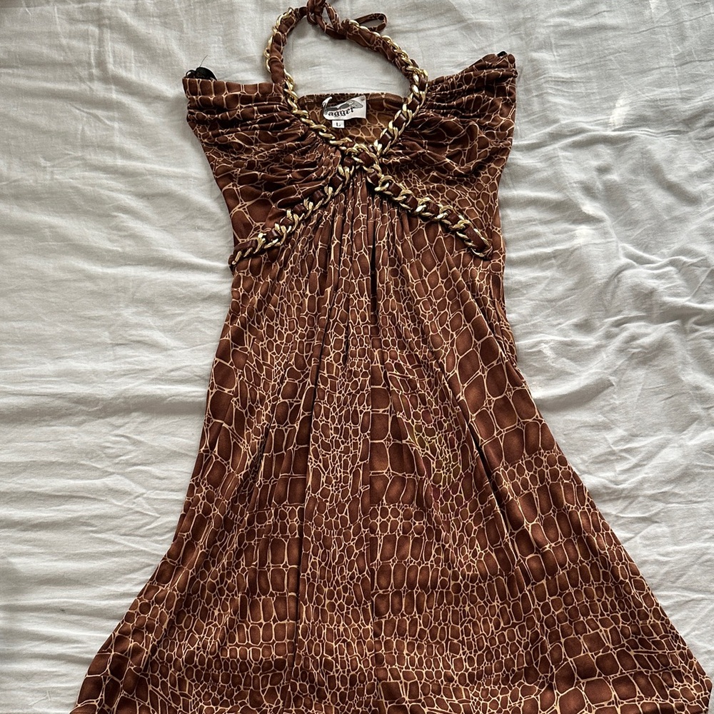 Y2K 100% Silk Brown Animal Print Dress With Braided Halter - Picture 7 of 10
